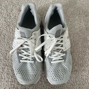 On Running Light Gray and White Athletic Shoes